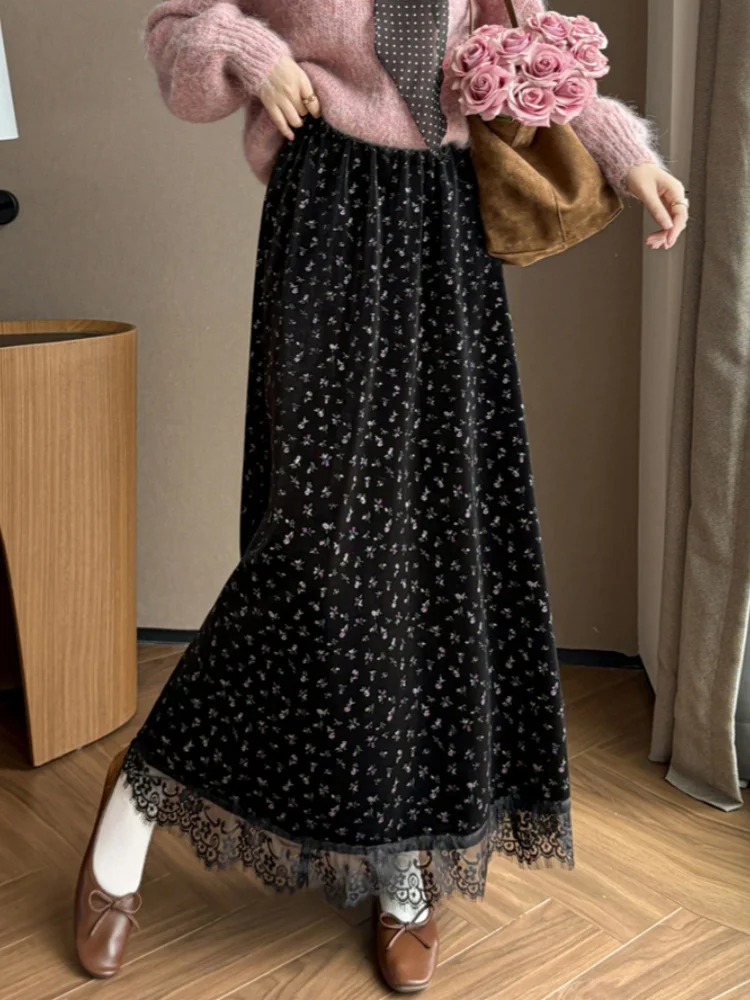 

SMTHMA Women's 2025 New Winter Silver Fox Fleece Warm Mid length Skirt With Lace Spliced Long Skirt