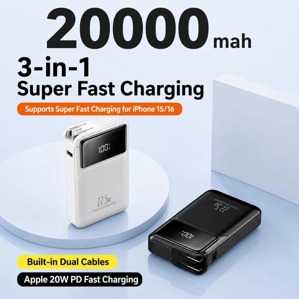 New 20000mAh Multifunctional External Battery 22.5W Quick Charge with Integrated AC Socket PowerBank for Xiaomi Samsung IPhone