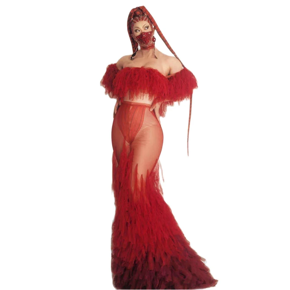 Vestido largo de sirena transparente con plumas rojas para mujer, traje Sexy elástico de malla para fiesta de cumpleaños, disfraz de cantante para actuaciones