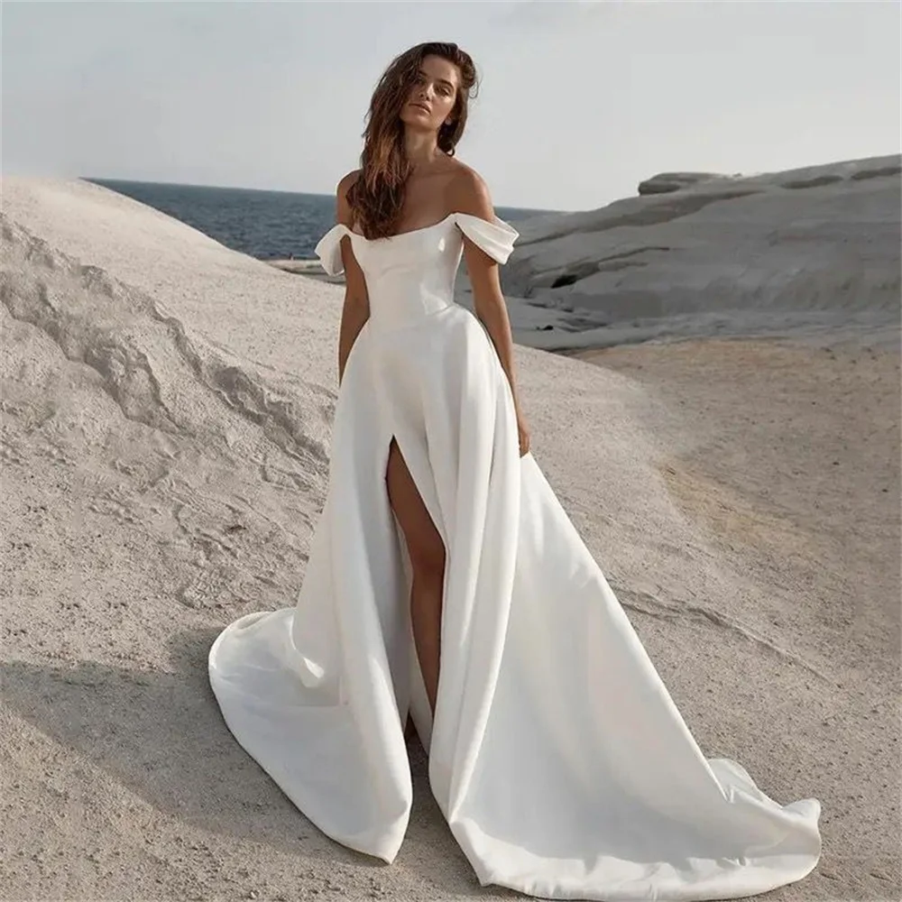 Einfache zivile Brautkleider von der Schulter ärmellose Seite geteilt Sommer Strand Brautkleid Satin minimalist ischen Brautkleider