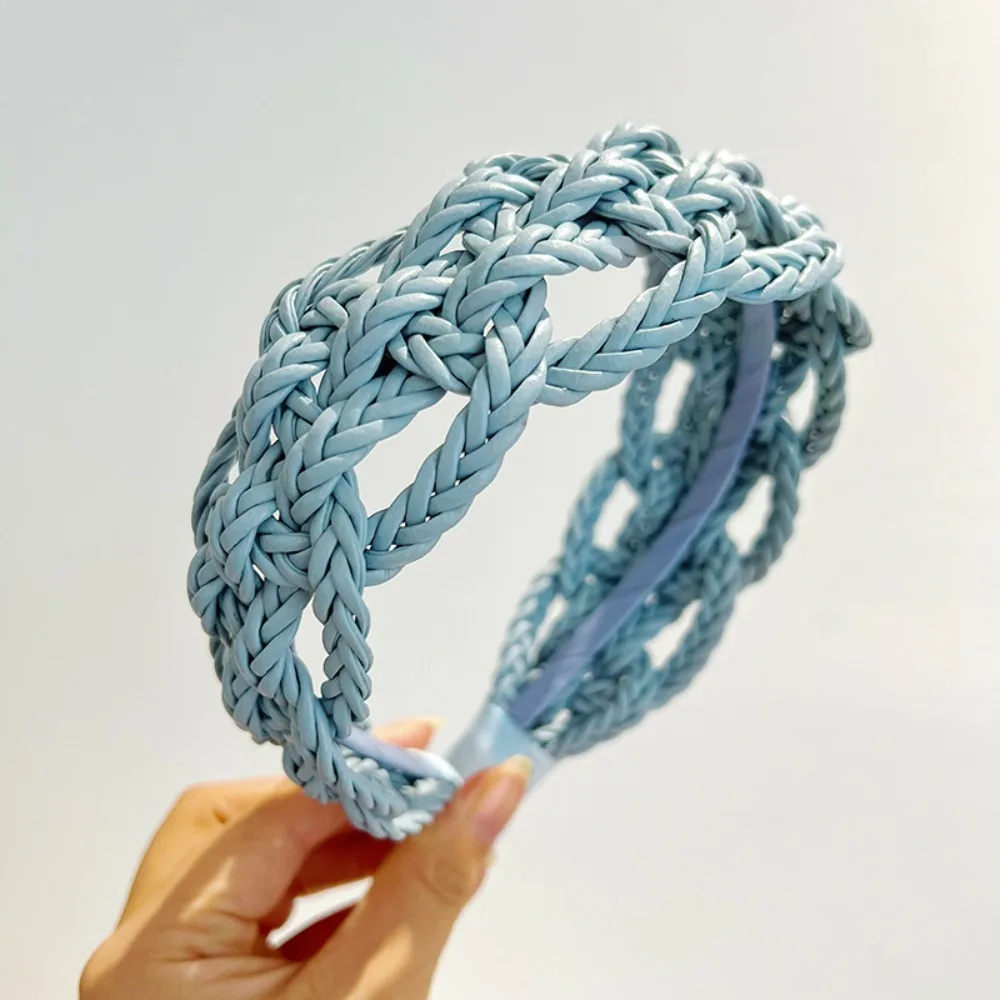 

Wide Side PU Leather Weave Hairband Solid Color Headwear Braid Headband Hollowed Out Geometric Weave Style Hair Hoop Women
