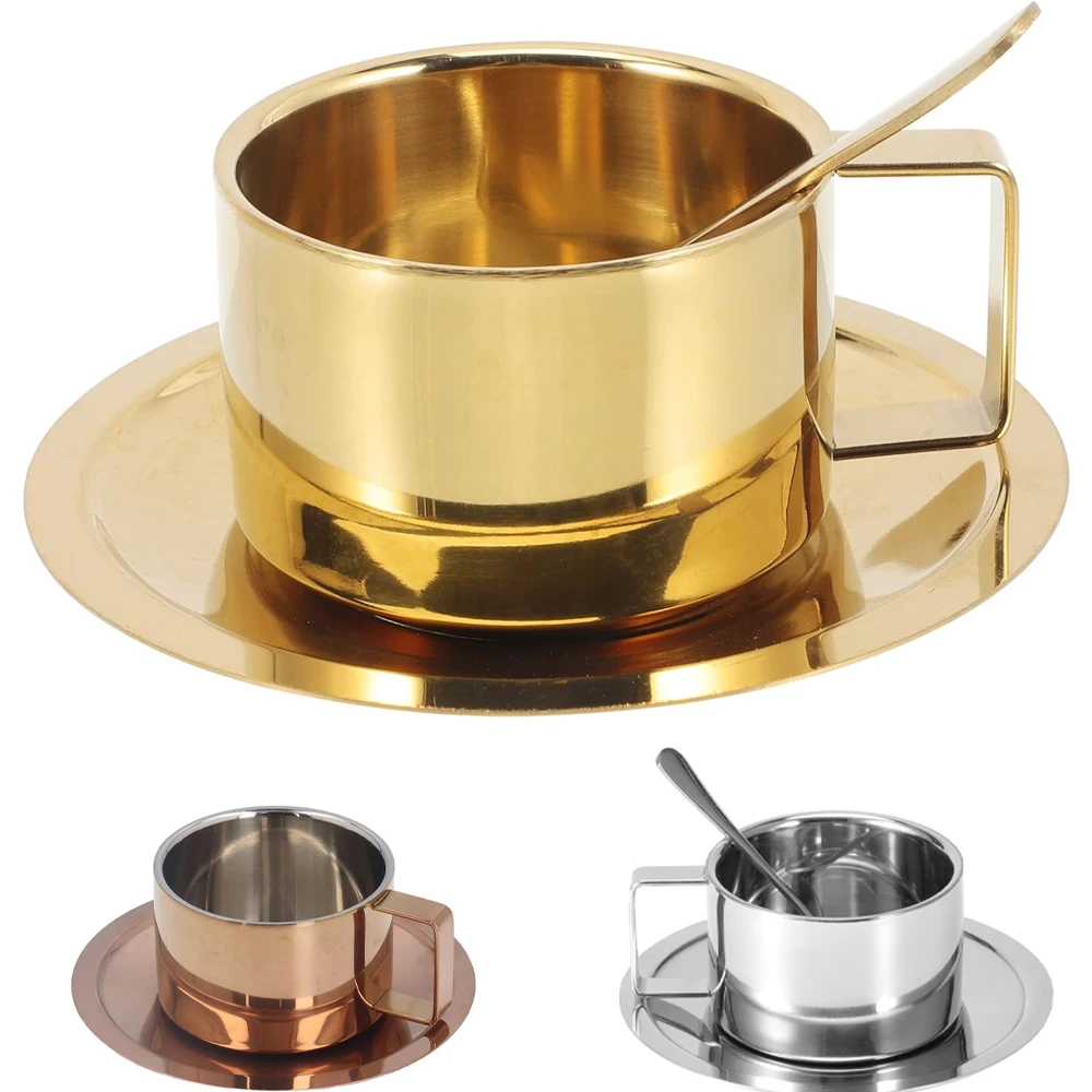 200M304L Kaffeetasse aus Edelstahl, doppellagiges Milchbecher- und Untertassen-Set mit Tasse und Untertassengriff, leicht zu reinigen und wiederverwendbar