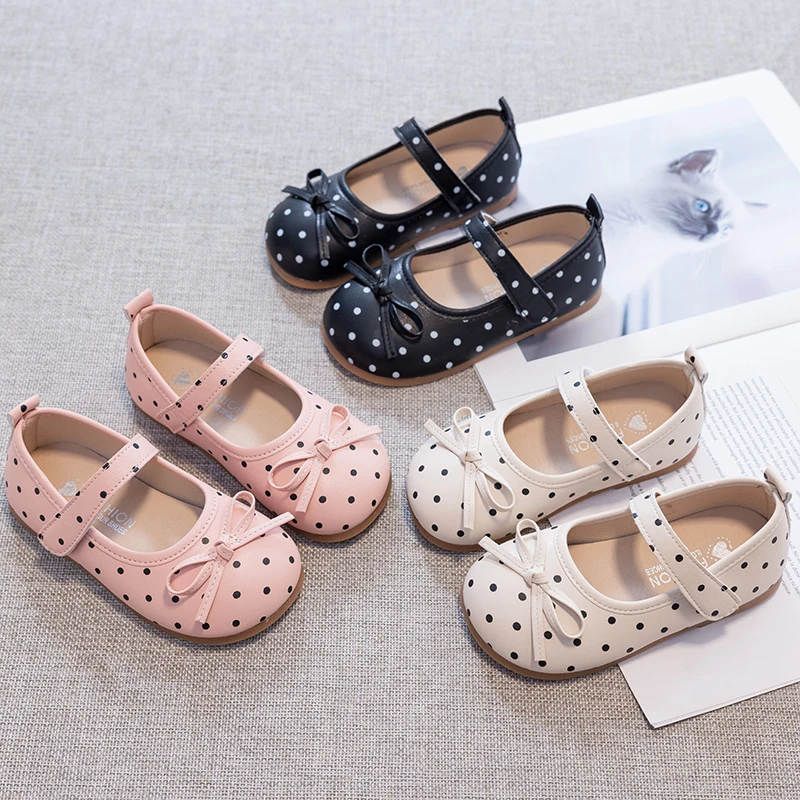 Kid's Shoes Girls' Polka Dot Mary Jane Shoes Lightweight Leather Children's Shoes with Fashion Bowknot Shallow Mouth Sweet Style