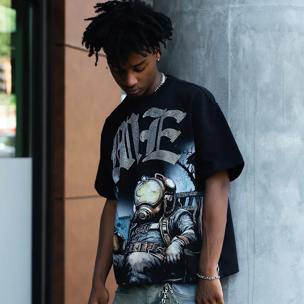 جديد الصيف رسالة حجر الراين قصيرة الأكمام الأسود تي شيرت رجالي الشارع الشهير فضفاض طاقم الرقبة الأعلى ثلاثية الأبعاد تي شيرت مطبوع للجنسين تي شيرت #4