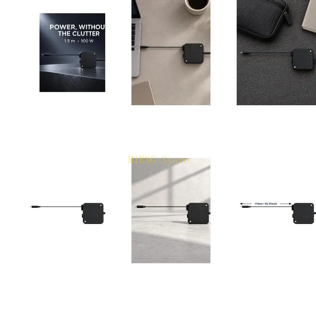 Type C-to-C Charging Cord with Pull-Out Return Storage, Up to 100W Output, Head and Adhesive-Backed Square Housing for Desktop
