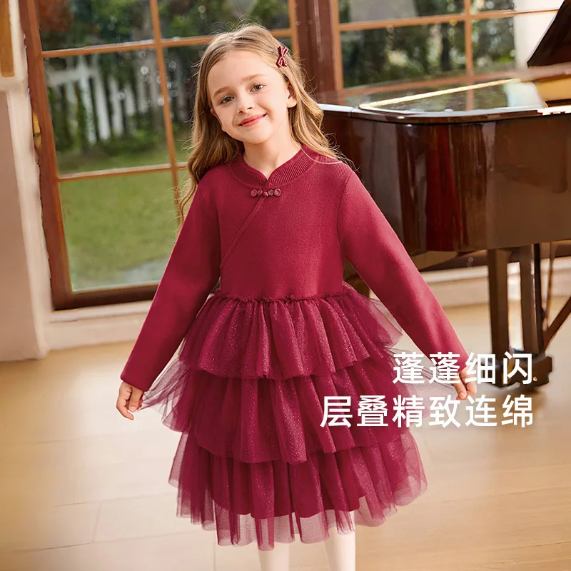 فستان بناتي كبير للأطفال للخريف والشتاء فستان الأميرة على الطراز الصيني فستان تول أنيق للأطفال فستان أحمر راقي مع Fle #3