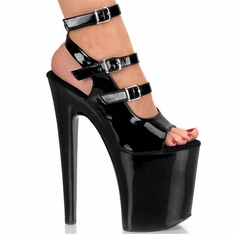 

New Sexy Model Black Patent Leather Sequins Pole Dance Heels Women's Banquet Big Leak Toe Sandals Club Platform Women's Sandals