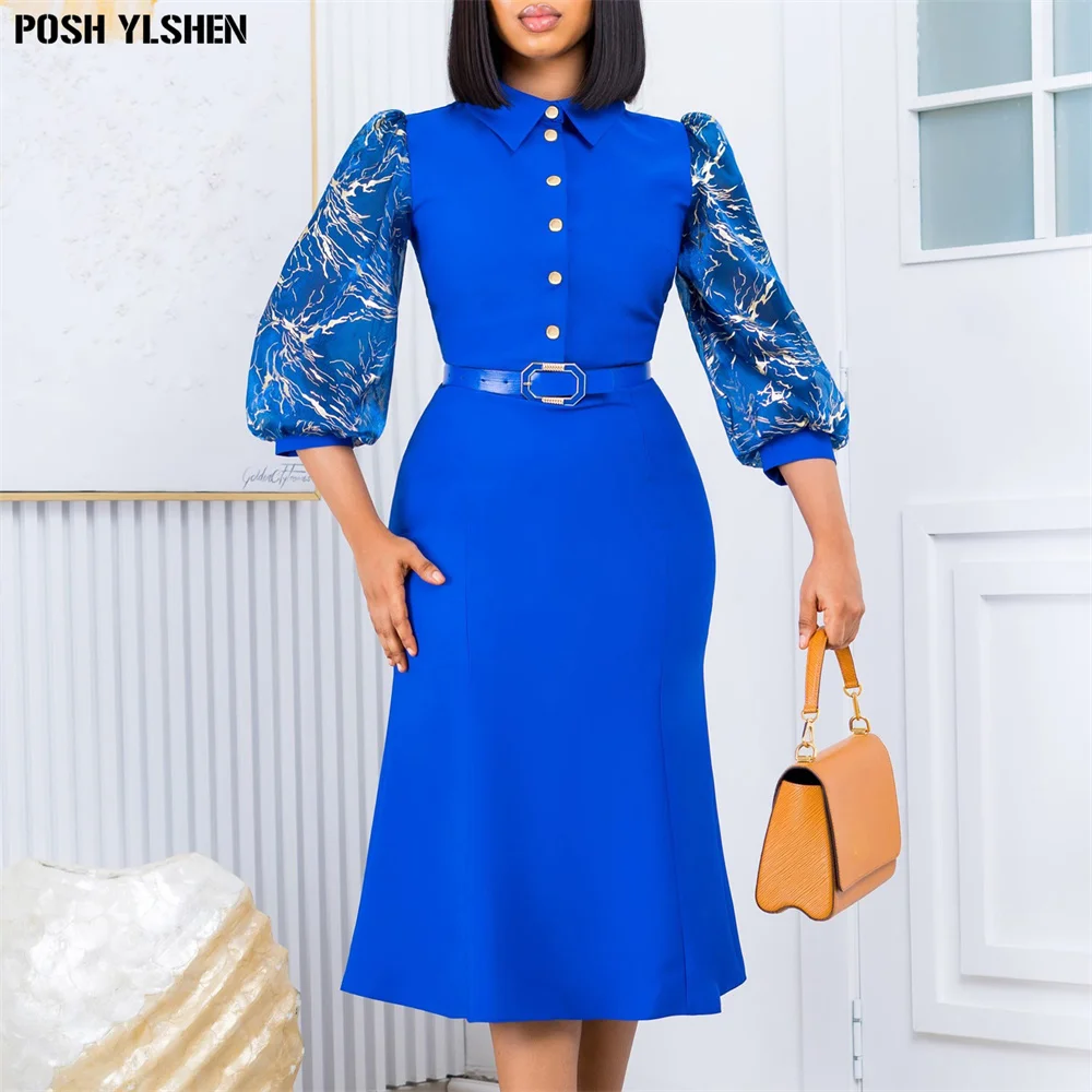 Patchwork Button Midi Dress African Dress for Women Sexy Daily Elegant Long Bodycon Dresses With Belt Robe Femme African Clothes