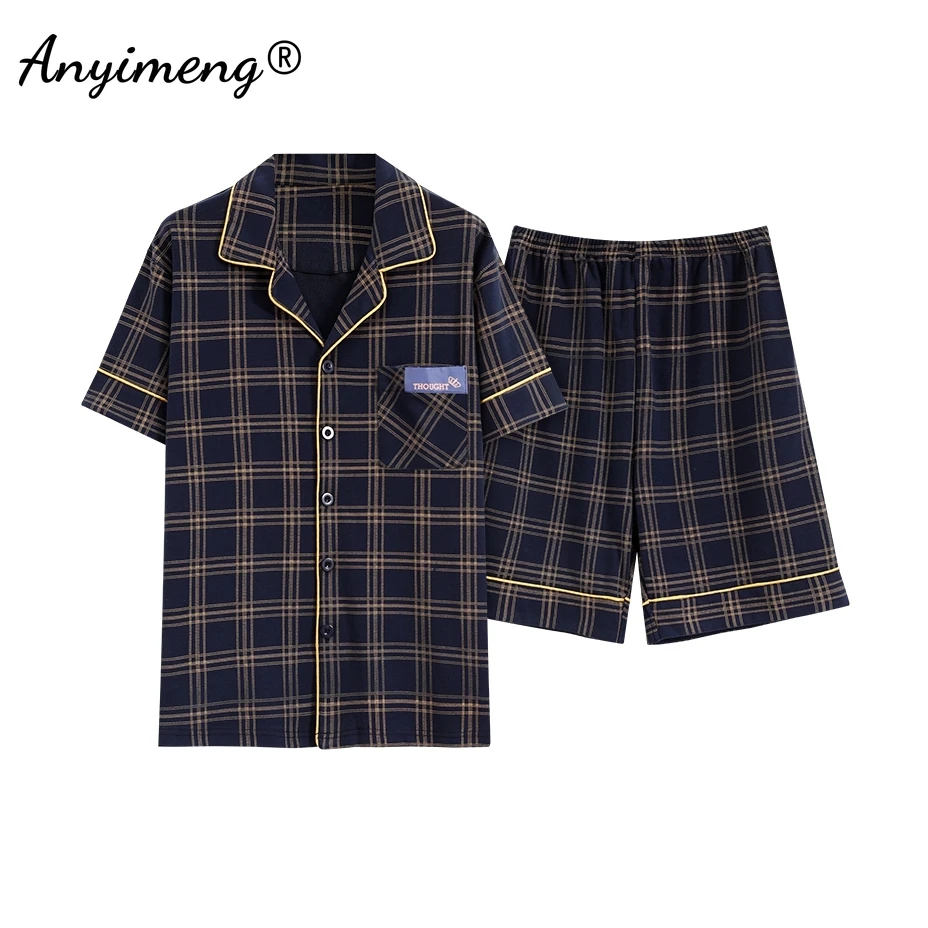 Plus Size L-5XL Plaid Pyjamas Men Cardigan Lapel Gentleman\'s Home Wear Summer Shorts Cotton Lounge Wear Pyjama Boy Sleepwear