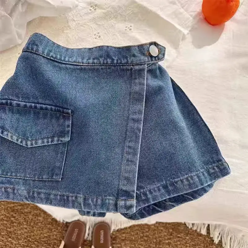 

Girls' Denim Shorts Summer New Style Western-style Fake Two-piece Skirt Baby Summer Outfit Fashionable Versatile Pants