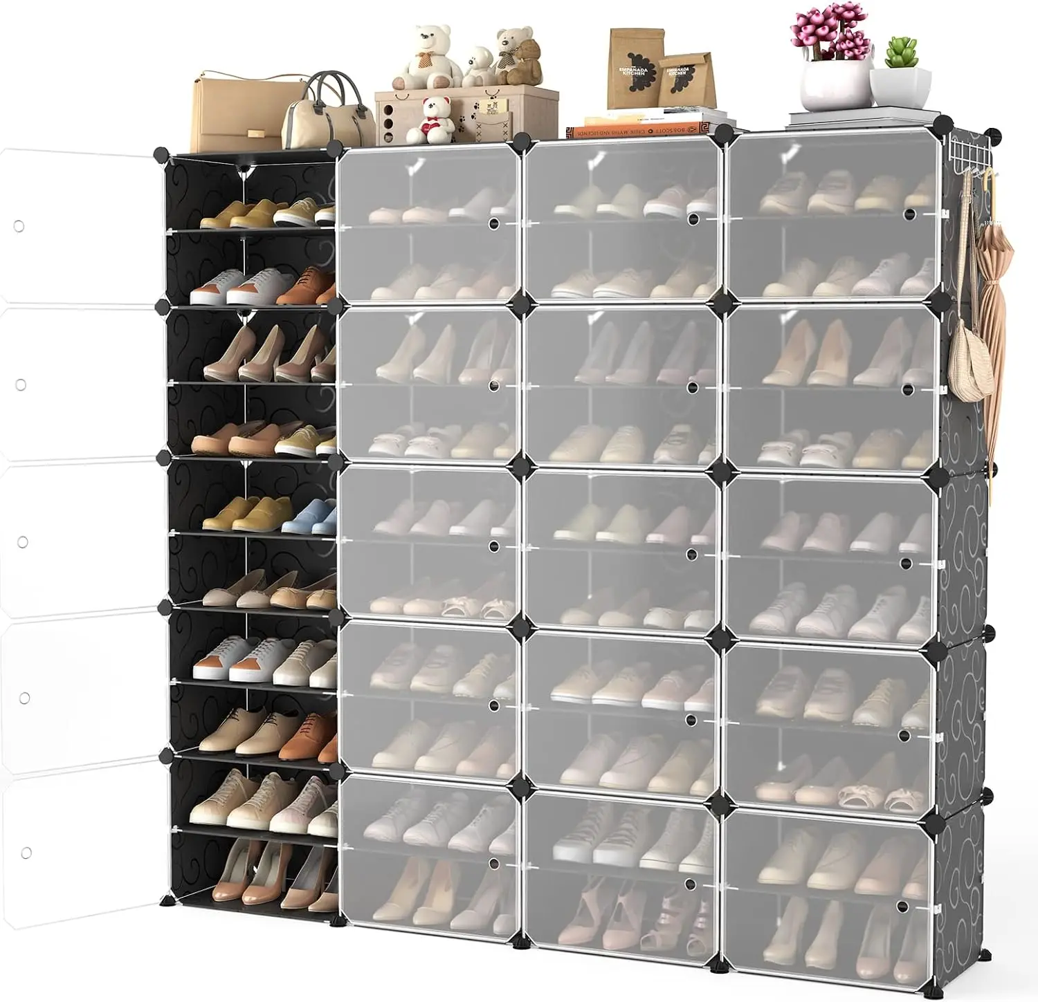 Portable Shoe Rack Organizer with Door, 80 Pairs 10-Tier Plastic Shoe Storage Cabinet, Freestanding DIY Expandable, Adjustable Stackable Detachable, Easy Assembly, Black