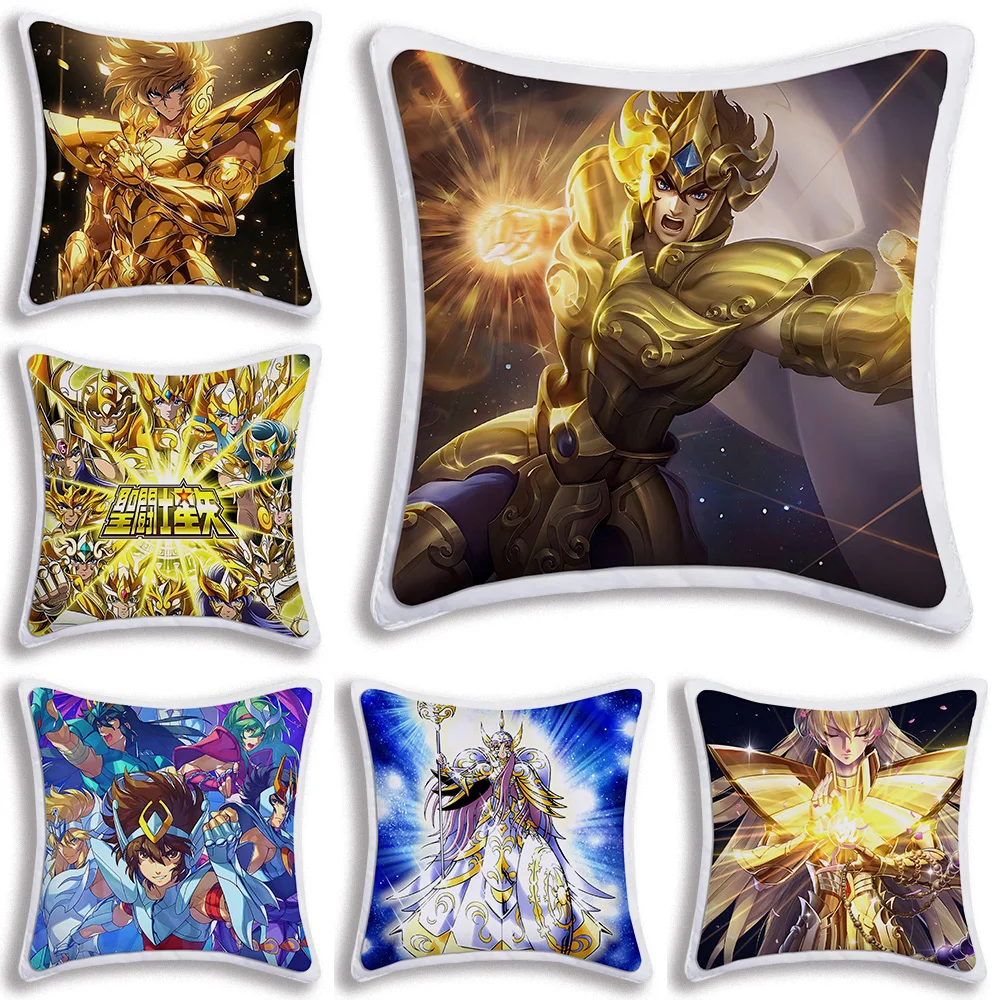 

Retro Saint Seiya Golden Pillow Covers Cartoon Sofa Decorative Home Double-sided Printing Short Plush Cute Cushion Cover