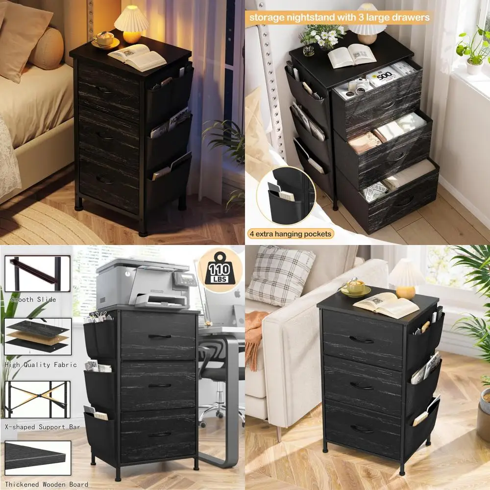 

durable wooden top nightstand with drawers for bedroom, steel frame accent table