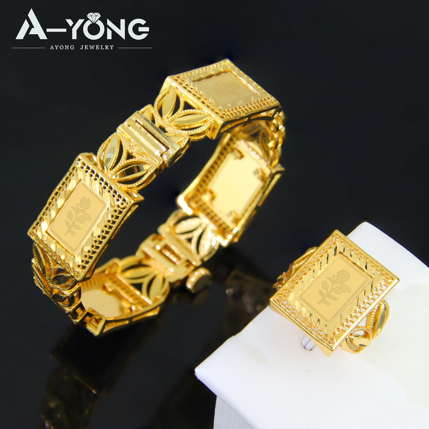 

Dubai Wedding Jewelry Set 21k Gold Plated Opening Bangles Algeria Bridal Wedding Bracelet Ring Turkish Women Vintage Jewelrys