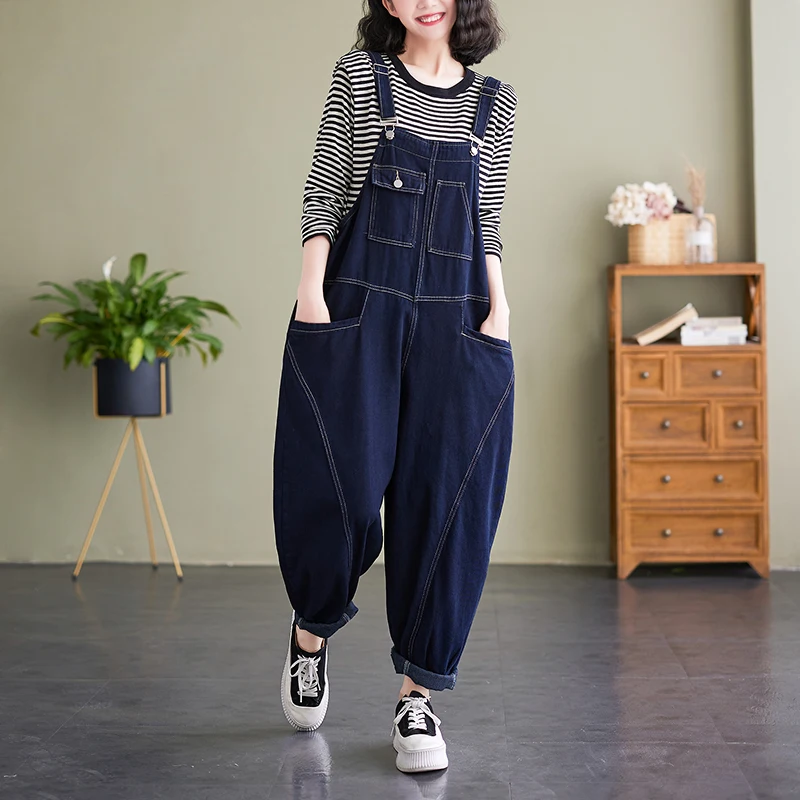 Loose Oversized Jeans Jumpsuit Women Casual Streetwear Wide Leg Denim Overalls Vintage Dark Blue Dungarees Straps Baggy Pants