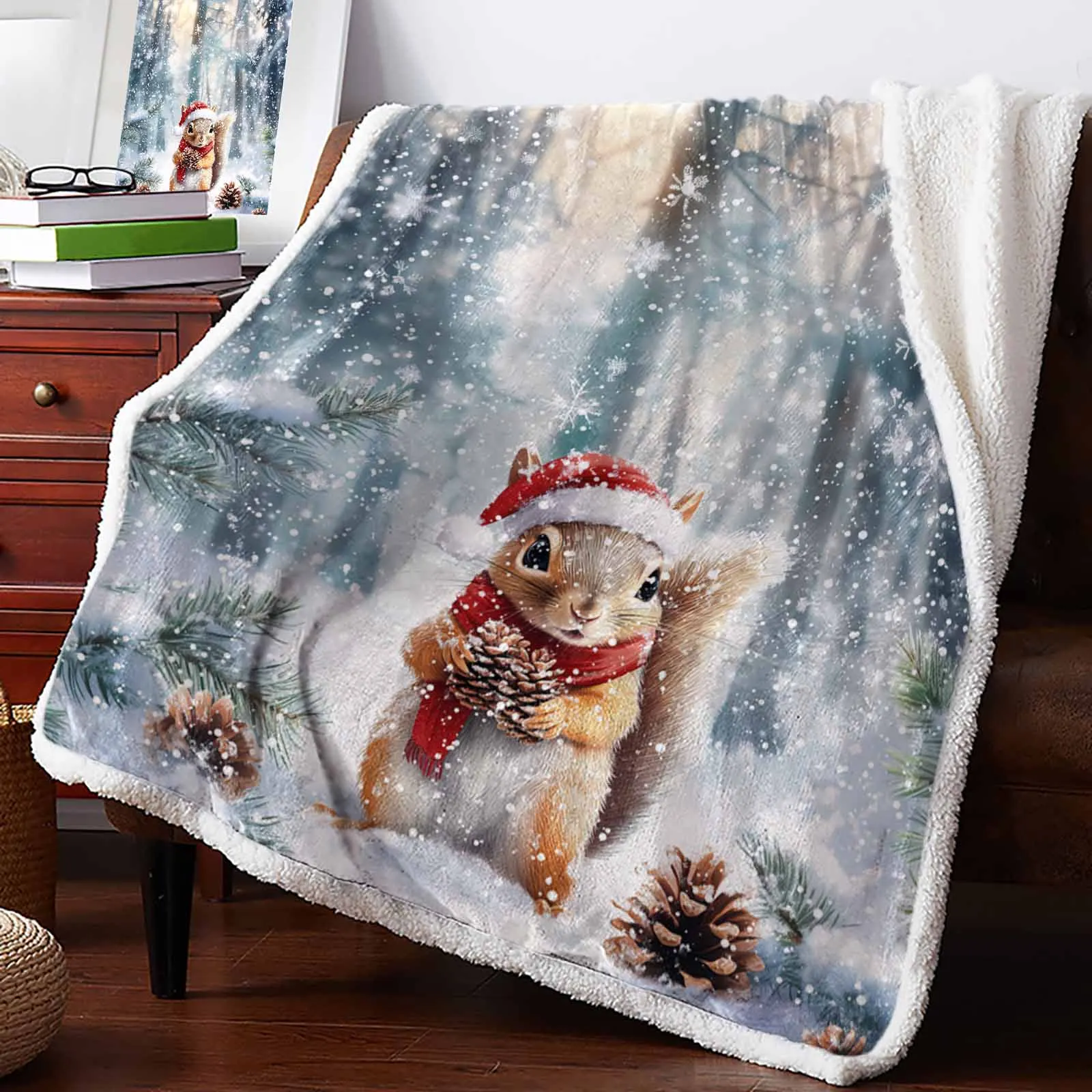 Christmas Winter Snowflake Squirrel Cashmere Blanket Warm Winter Soft Throw Blankets For Beds Sofa Wool Blanket Bedspread