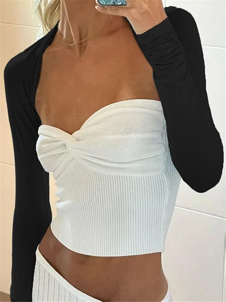 BWQ Knit Tube Tops Women White Strapless Corset Tops Summer Basic Backless Off Shoulder Crop Top Bustier Casual Streetwear