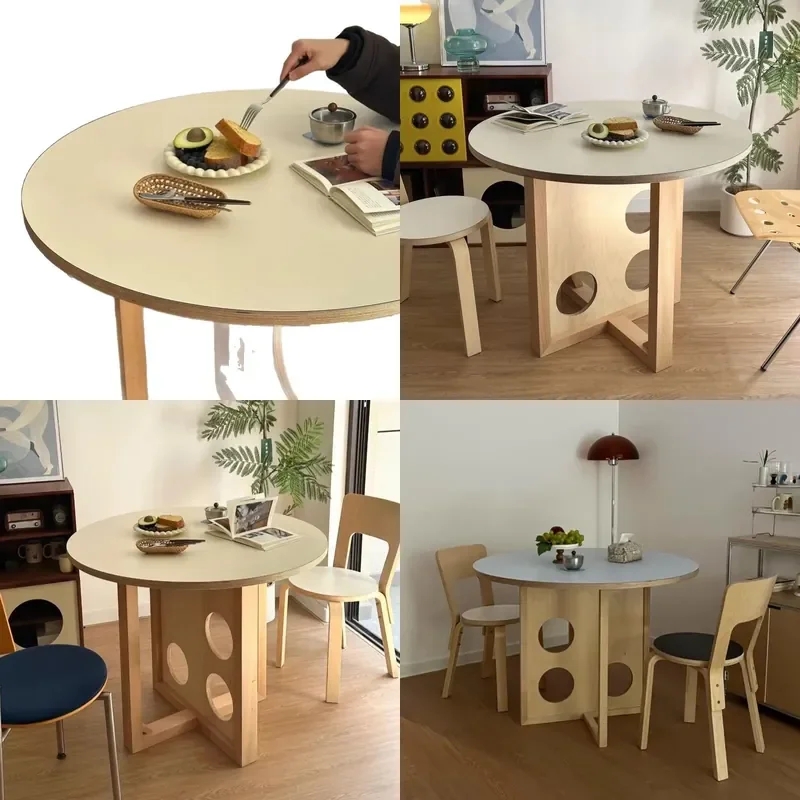 Cream Japanese Round Dining Table Solid Birch Wood Small Apartment Cafe Medieval Style Home Furniture