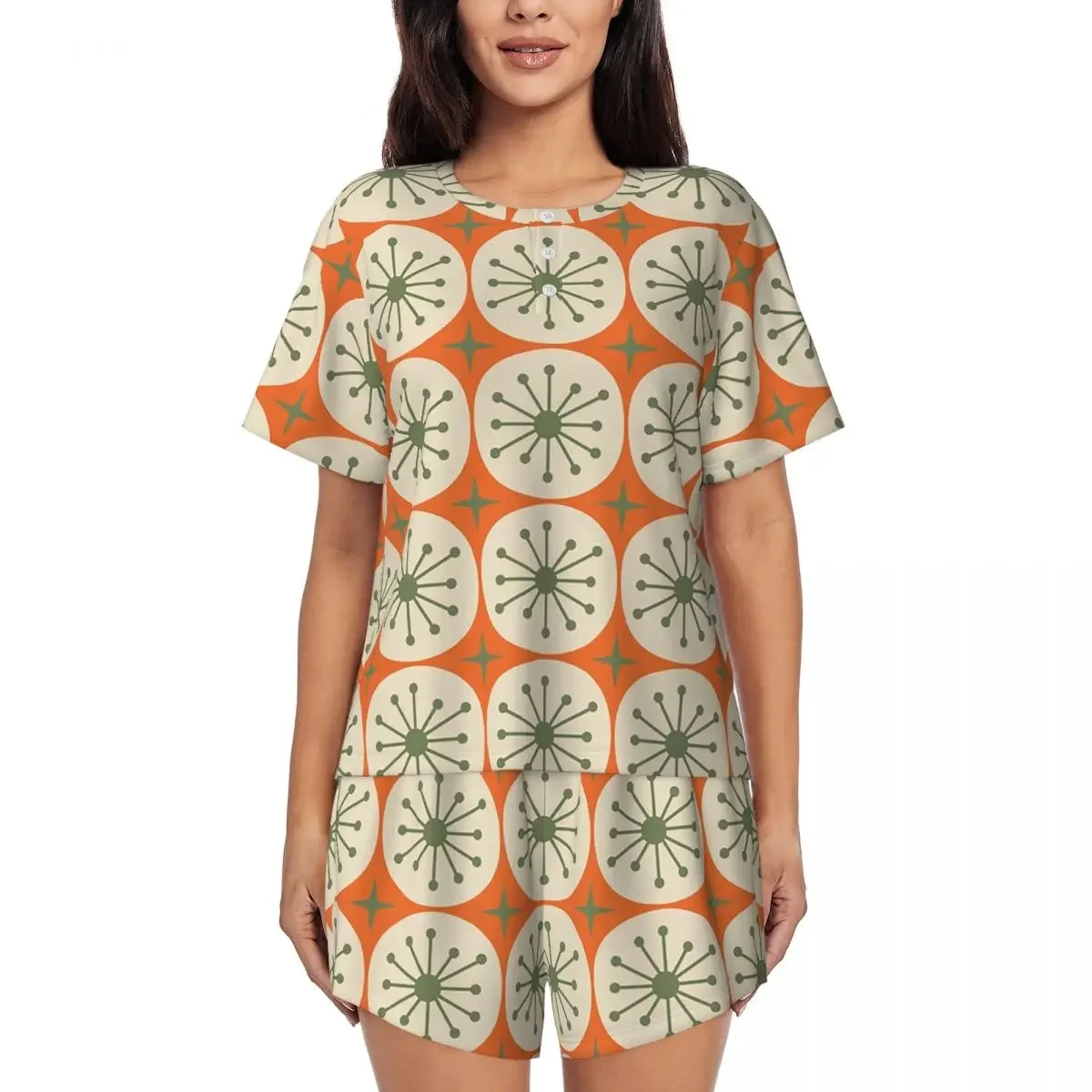 Mid Century Modern Atomic Dots Nachthemd mit Rundhalsausschnitt und kurzen Ärmeln zum Schlafen, Schlafhemden für Damen, lockeres Pyjama-Set mit kurzen Hosen