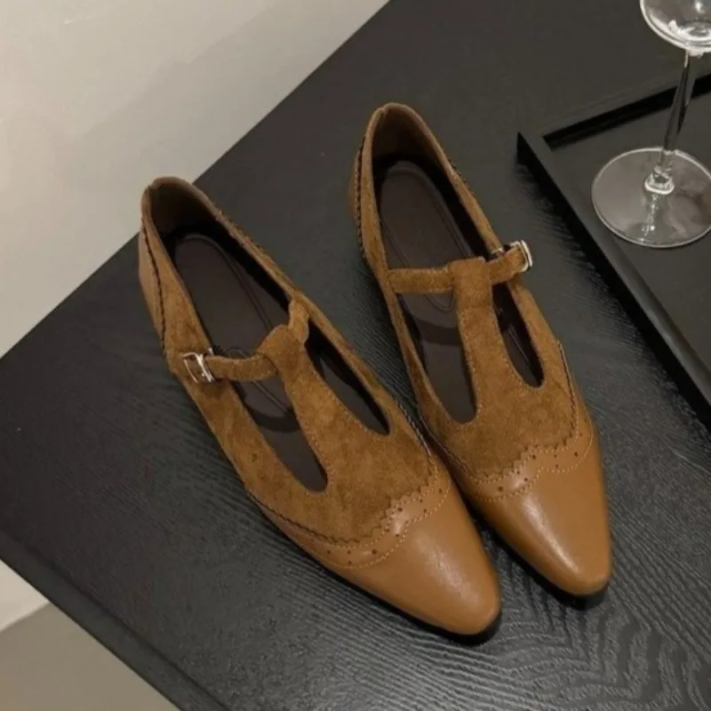 One Buckle Strap Low Heel Single Shoes Autumn New Pointed Toe Shallow Mouth Spliced Suede Soft Sole Non-slip Low Top Shoes