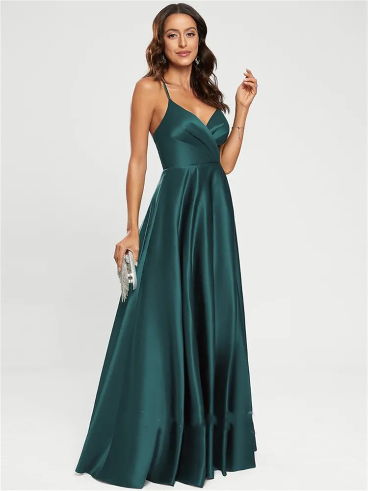 

A-line V-Neck Floor-Length Sleeveless Satin Prom Dresses Formal Party Gowns Elegant Solid Color Dress for Women Evening Party