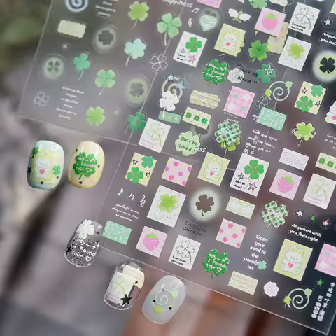 Lucky Clover Nail Stickers Spring Flowers Love Grid Pentagram Spiral Pattern Shining Self Adhesive Nail Art Decorative Stickers