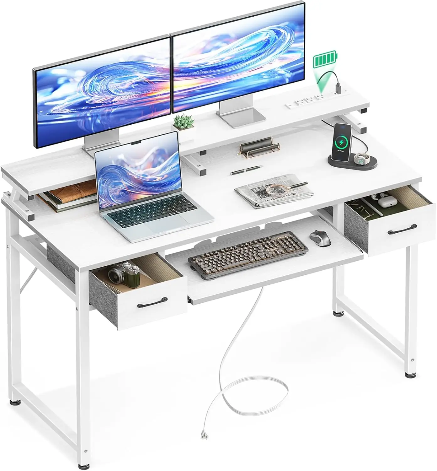 White Computer Desk with Drawers, 48 Inch Office Desk with Power Outlet with Keyboard Tray, Study Table Work Shelf