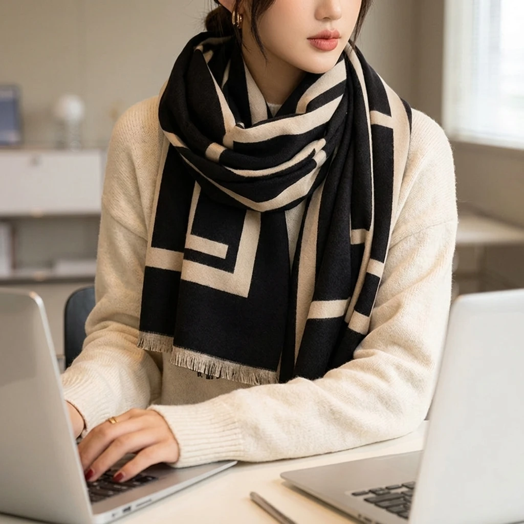 Winter Scarf Faux-Cashmere Thick Warm Shawl Reversible Wrap for Outdoor Commute Letter Pattern Soft Neck Warmer Essentials