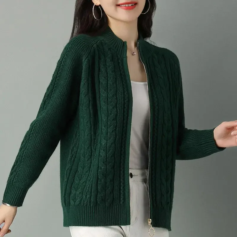 Vintage Zipper Knit Cardigan Jackets Women Autumn Winter Coat Half High Collar Sweater Long Sleeve Chic Jumpers Tops Warm Thick