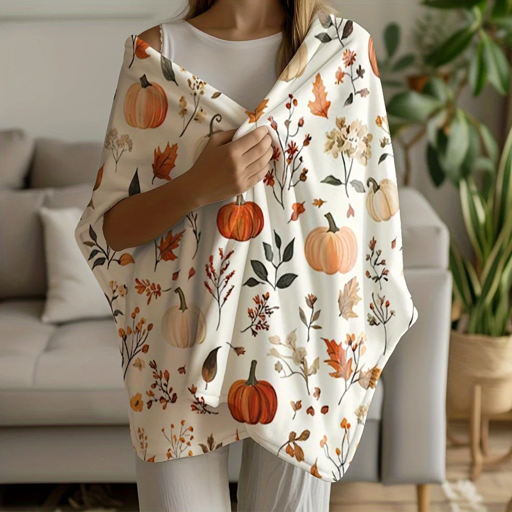 1pc Four Seasons Flannel Blanket - Soft And Comfortable Autumn Pillow, Pumpkin, Leaf And Floral Print Orange, Beige, Brown - Lig