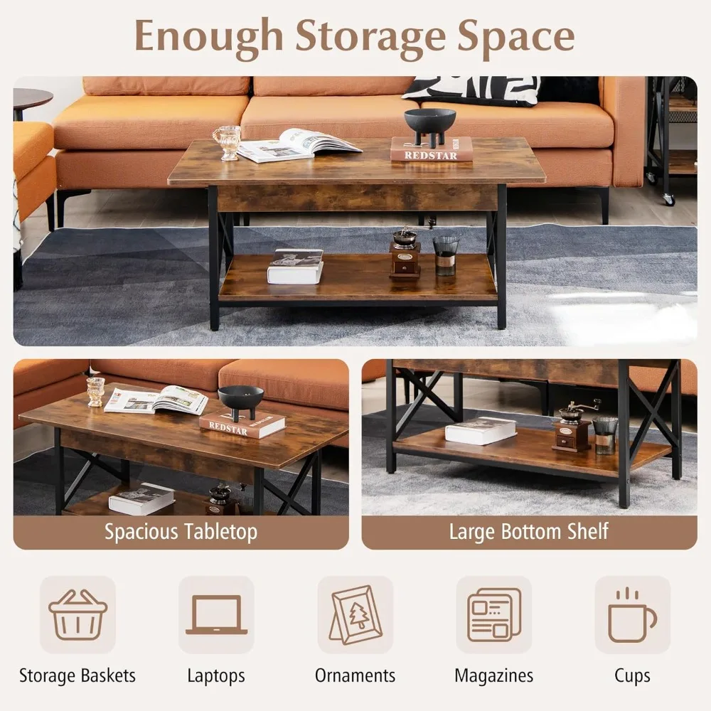 2-Tier Coffee Table with Storage Shelf, Modern Accent Cocktail Tea Table with Reinforced X-Shaped Structure, Solid Metal