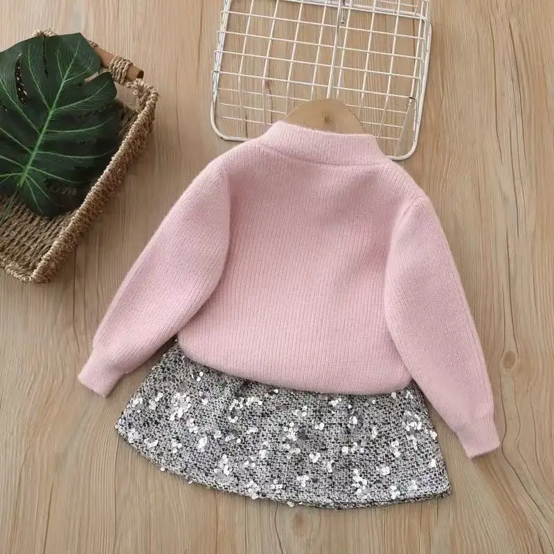 Children's Sets Autumn New Elegant Girls Knit Set Sequin Cardigan and Skirt With Bow Korean Style 2-Piece Outfit for Toddlers