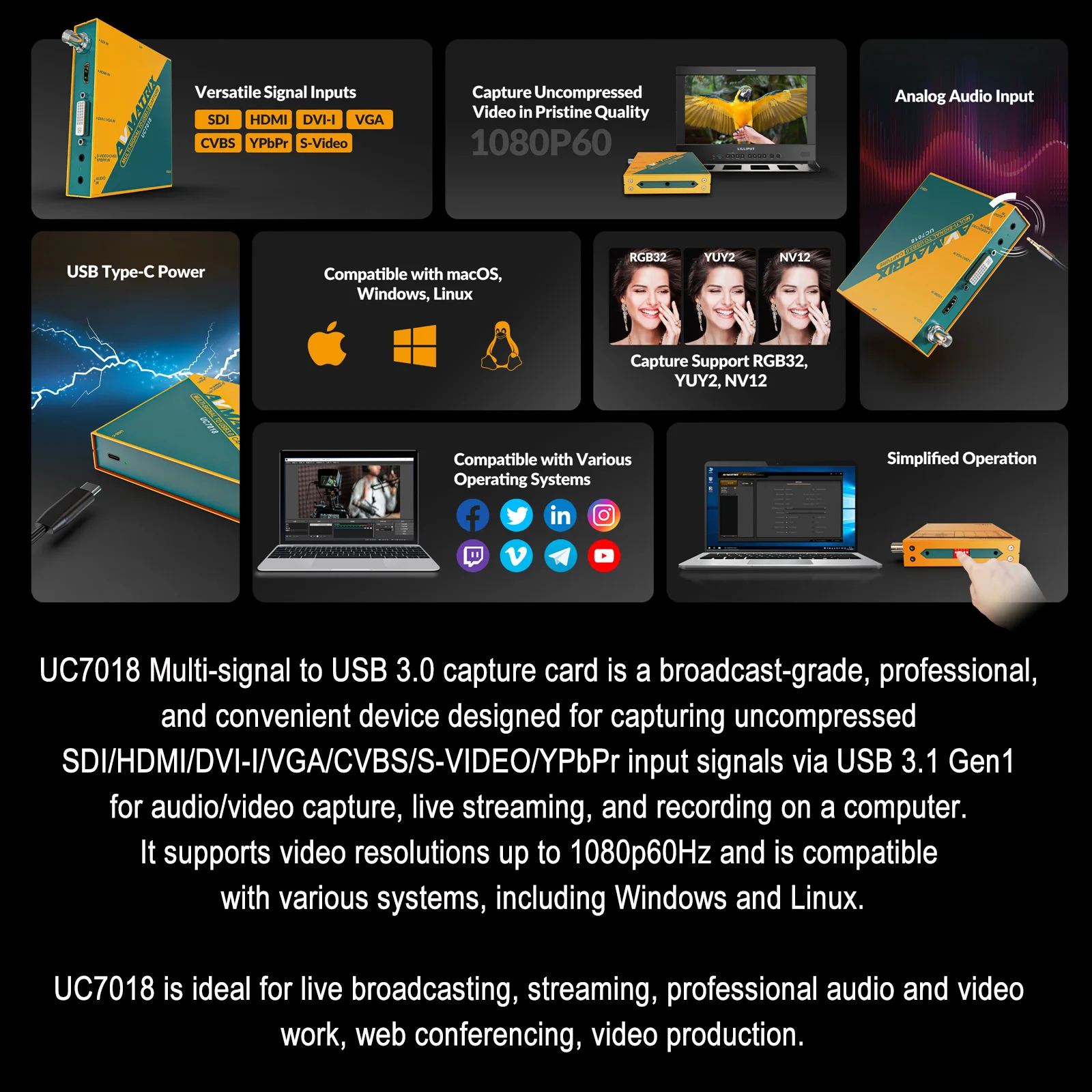 UC7018 Uncompressed Multi-Signal USB3.0 Video Capture Card Camera SDI/DVI-I/VGA/CVBS/S-VIDEO/YPbPr Input Via USB Type-C Gaming