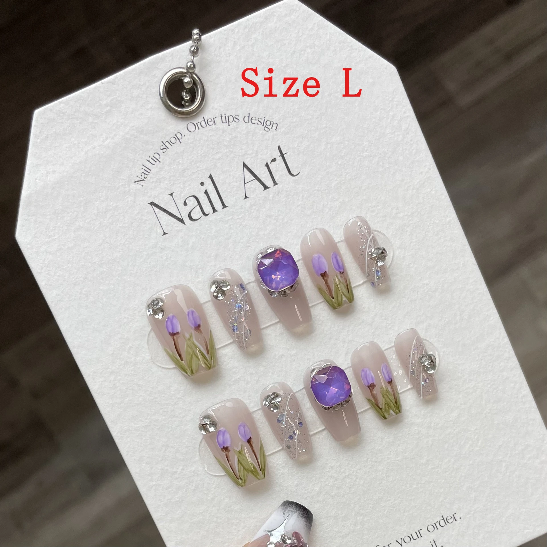 

Size L Handmade Press on Nails Purple Diamond False Nail White Camellia Fake Nails French Flower Nails Pearl Butterfly Nail Art