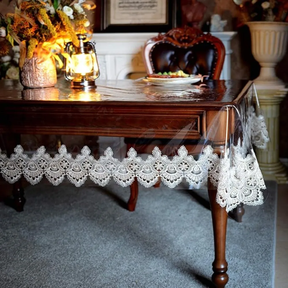 Practical Waterproof PVC Tablecloth Oil Proof Lace Embroidered Desk Mat Transparent Rectangular/Square Dining Table Cover Party