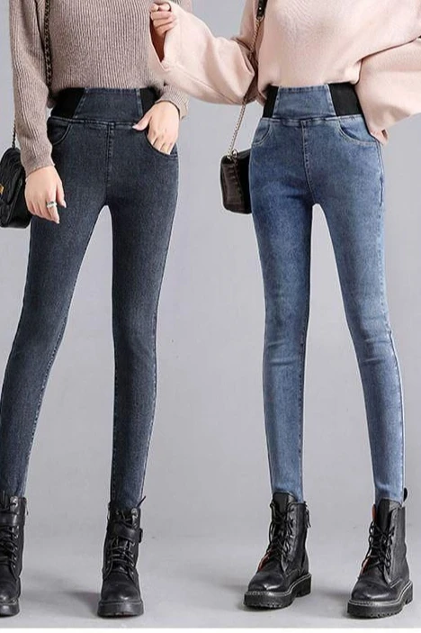 Autumn and Winter Fleece/no Fleece Jeans Women's High-waisted Elastic Pants Plus Size Slim-fitting and Thin Trousers Outer Wear
