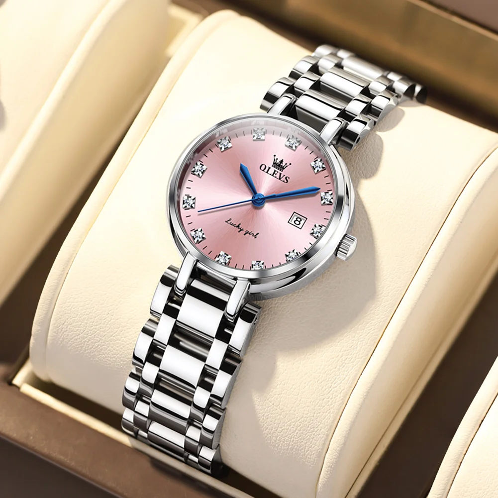 OLEVS Women Quartz Wristwatch Pink Dial Diamond Inlay Date Display Luxury Ladies Dress Watch Elegant Female Wrist Watch