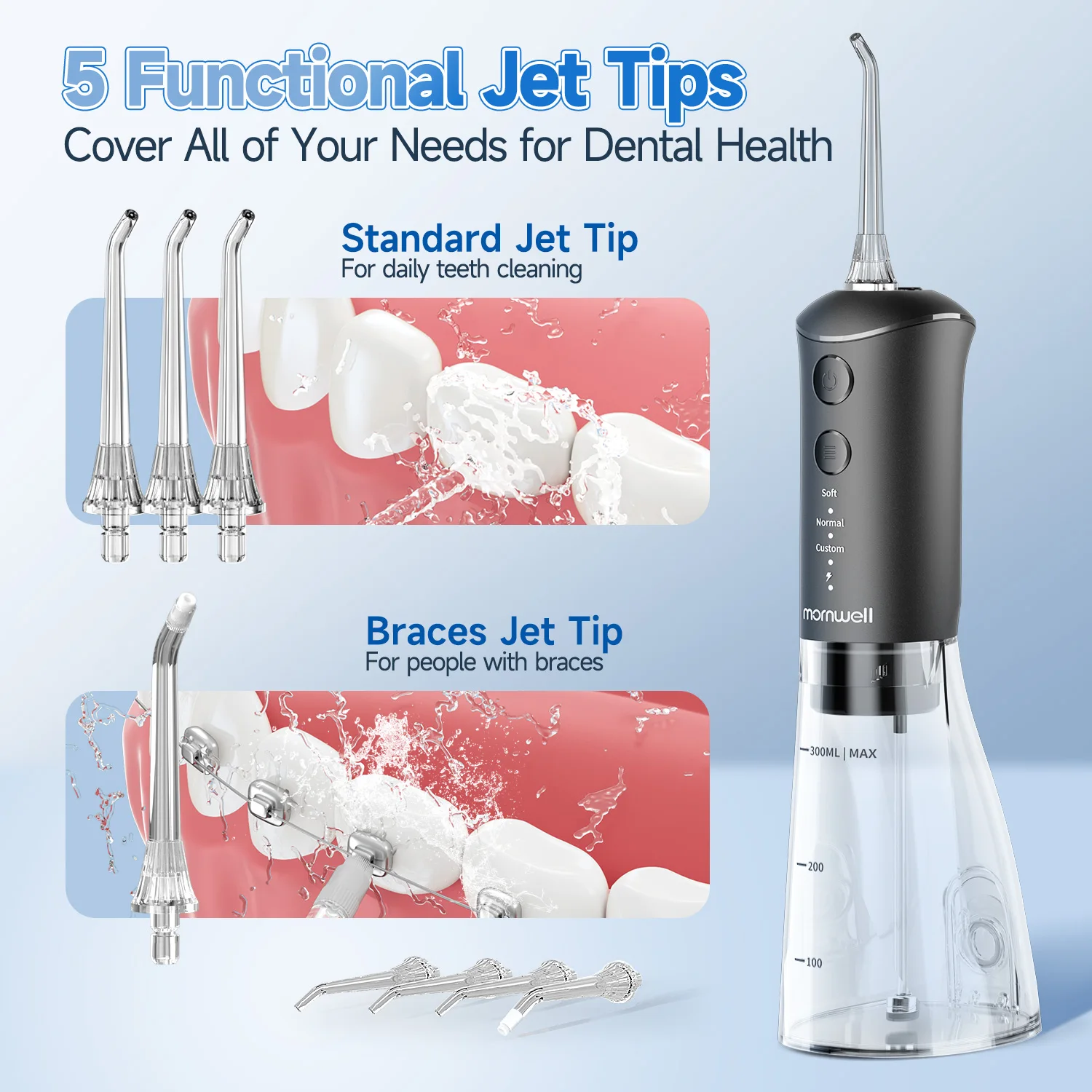 Irrigador bucal portátil de pulso, hilo Dental de agua, 4 puntas de repuesto, resistente al agua IPX7, tanque de 300ML para aparatos ortopédicos