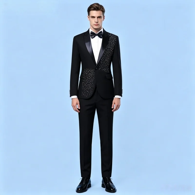Men's Slim Fit Crystal Embellished Black/White Blazer Suit Stage Performance Wedding Party Club Prom Host Singer Costume Fashion