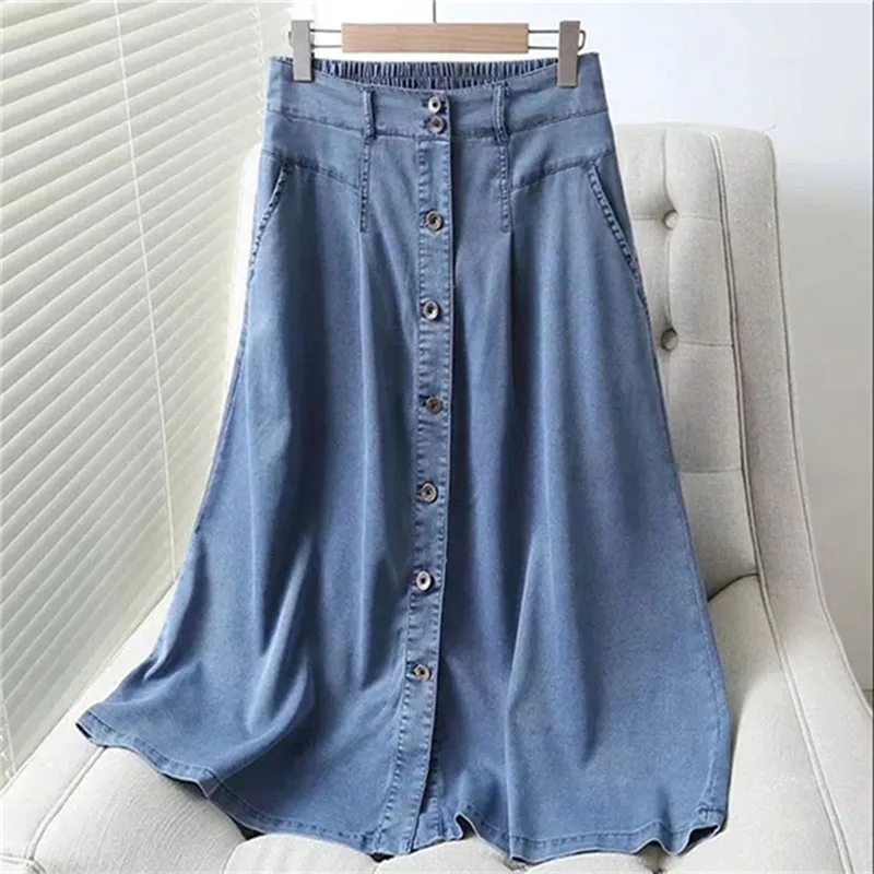 

Silk Denim Skirt Women Mid-Long Single-Breasted Skirts Spring Summer Thin High Waist Loose Knee-Length Fashion Big Swing Skirt