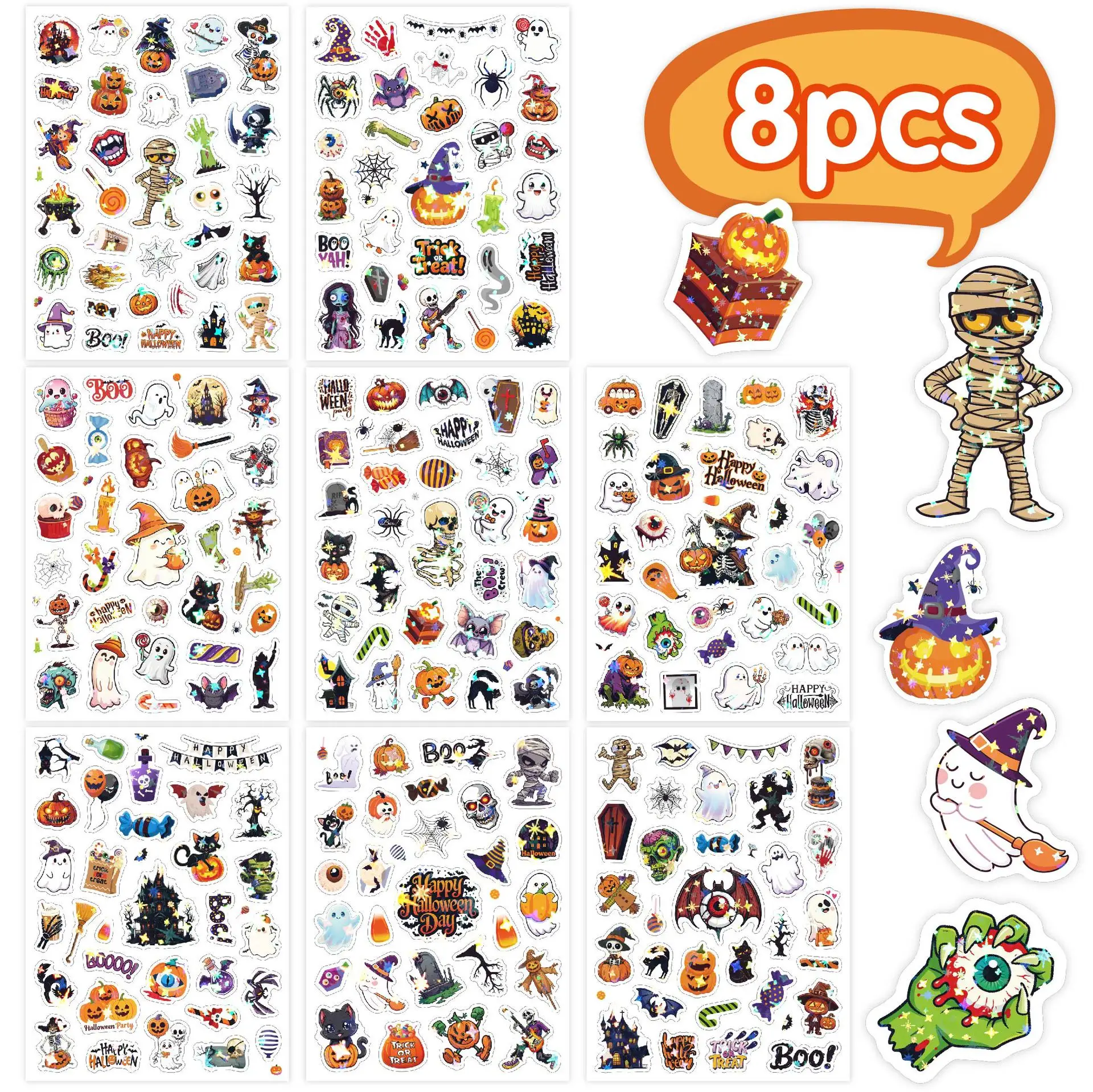 242 Pcs Holographic Shiny Halloween Stickers Pumpkin Skull Waterproof DIY Party Decor Stickers for Kids Scrapbook Water Bottle
