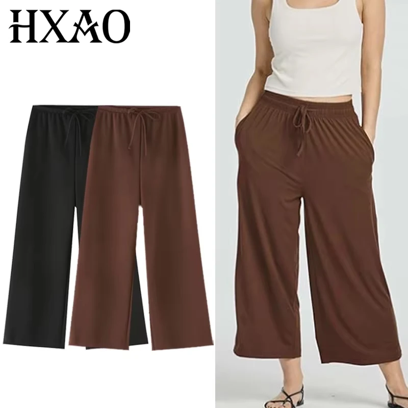 

HXAO Женские брюки Широкие брюки на шнуровке Лето 2025 Черно-коричневые брюки Мешковатые брюки оверсайз с высокой талией Шикарные повседневные брюки 066