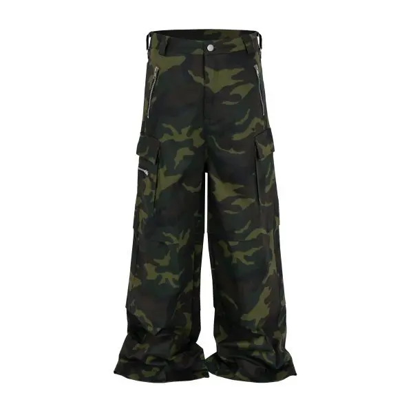 Street Loose Wide Leg Multi Pocket Jeans M65 กางเกงลายพราง Two Wear ชุดเอี๊ยมแบบถอดได้