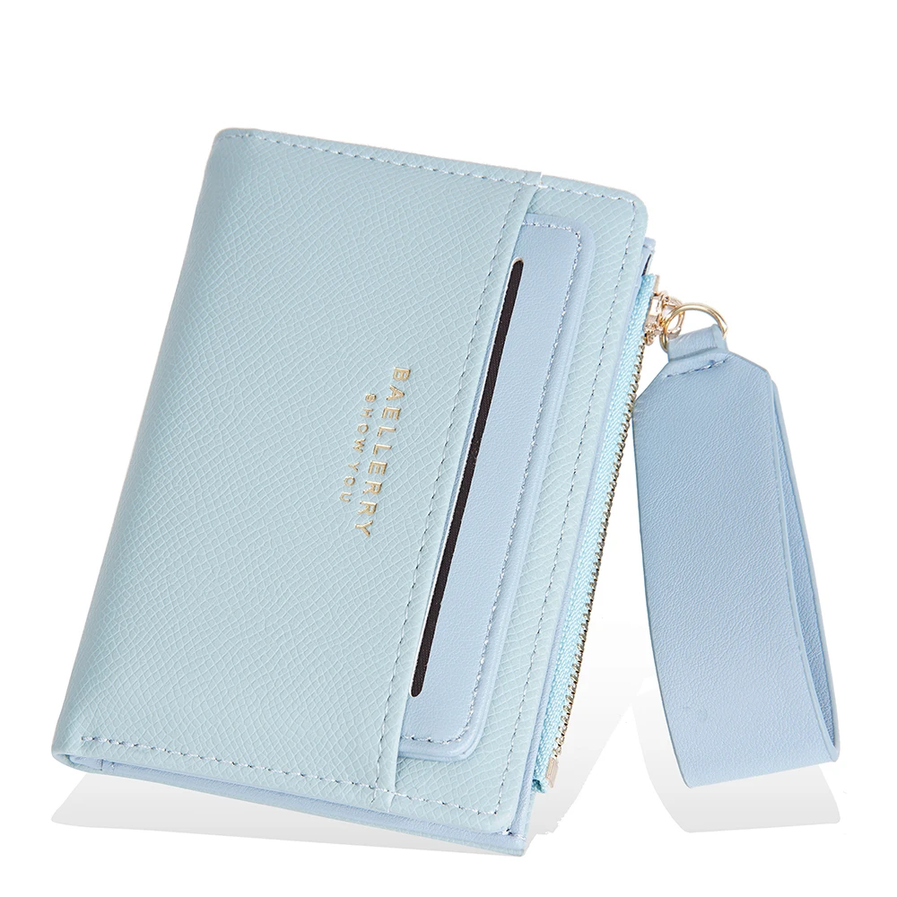 

Women's Small Wallet Bi-fold Thin Wallet Pu Leather Zipper Coin Bag Female Purse with Wrist Strap Short Card Holder Blue Wallets