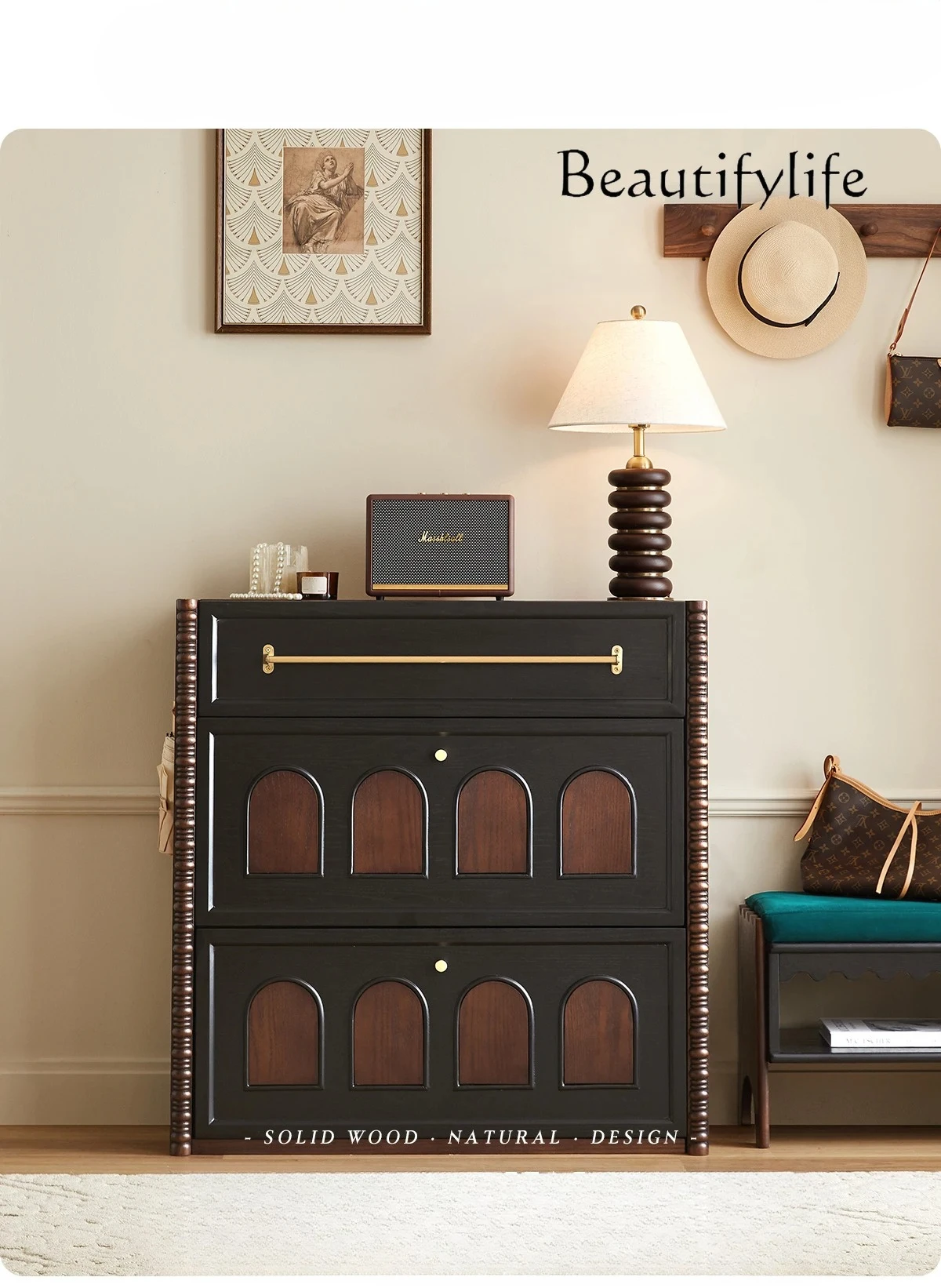

French retro solid wood home shoe cabinet new medieval home door storage integrated against the wall