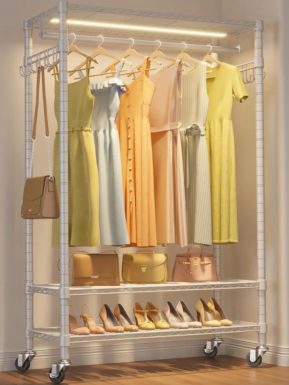 Garment Rack Rolling Clothes Rack with Dimmable Led Light, Portable Closet for Hanging Clothes