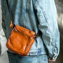 Bolso de hombro de cuero genuino natural para hombre, bandolera pequeña de piel de vaca auténtica, Estilo Vintage, informal, para uso diario y al aire libre