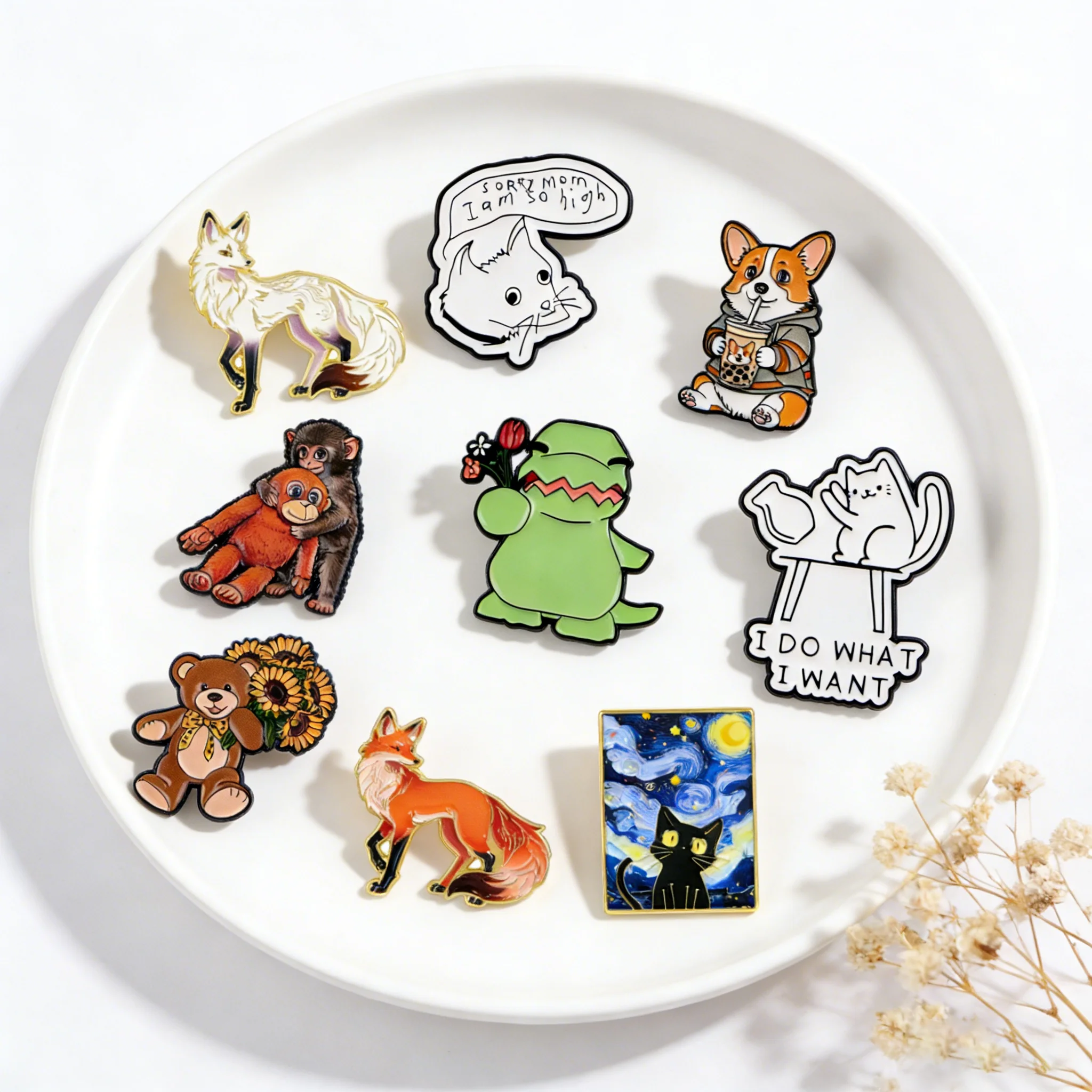 Cute Cat Quotes Enamel Pin Cartoon Animals Badges on Backpack Fox Brooches Hat Lapel Pins Cosplay Accessories Gifts