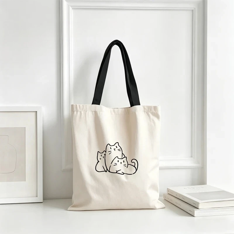 Versatile Commute Canvas Bag For Women Cute Black White Puppy Print Shoulder Handbag Trendy Student Class Tote Bag