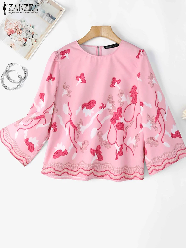 

ZANZEA 2025 женская летняя блузка-туника с пышными рукавами, модные повседневные свободные блузки с круглым вырезом и цветочным принтом, богемные праздничные рубашки